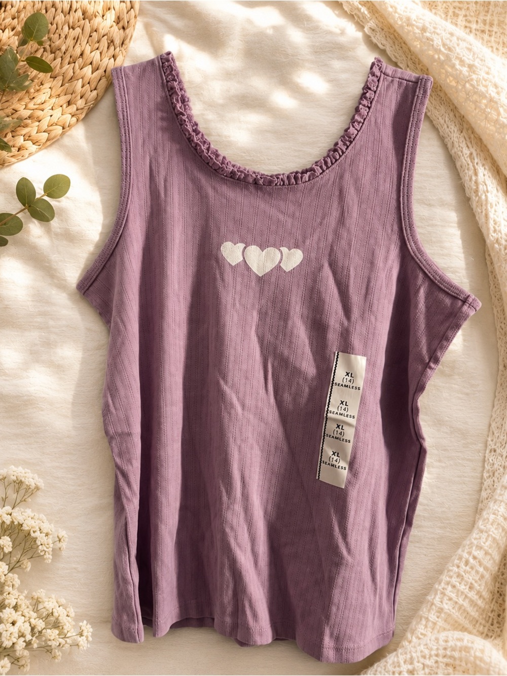 Lavender Ribbed Tank with Heart Trio and Ruffle Neck